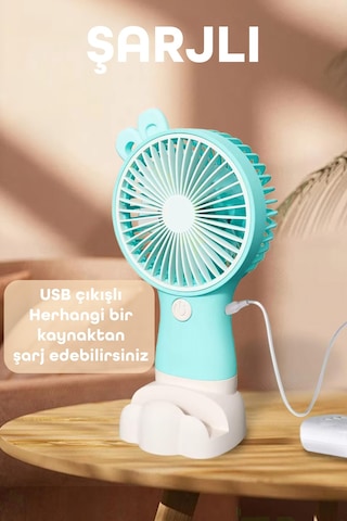 Şarjlı Telefon Standlı Mini El Fanı Seyahat Masaüstü Vantilatör Taşınabilir Mini Fan Turkuaz 0808