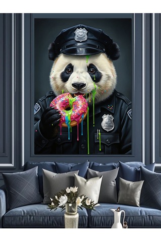 Polis Panda Ve Donut Keyfi Dekoratif Kanvas - Mdf Ahşap Tablo