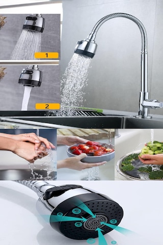 Krom Oynar Başlıklı Esnek Boru Çift Fonksiyonlu Mutfak Başlığı Tr