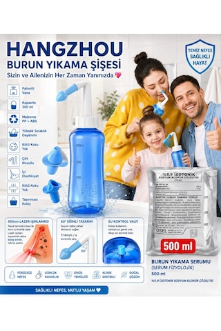Hangzhou Burun Yıkama Şişesi 300ml Neti Pot Burun Kanalları Durulama Seti + Osel Burun Yıkama Sıvısı 500ml
