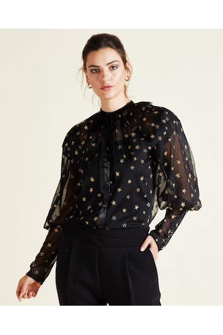 Yıldız Desenli Transparan Tül Gömlek Işıltılı Ve Romantik Tasarım Siyah