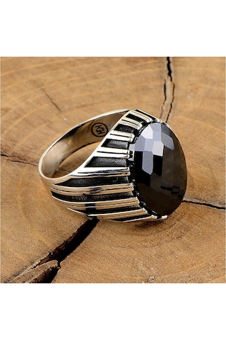 Fasetli Siyah Zirkon Taşlı Gümüş Erkek Yüzük
