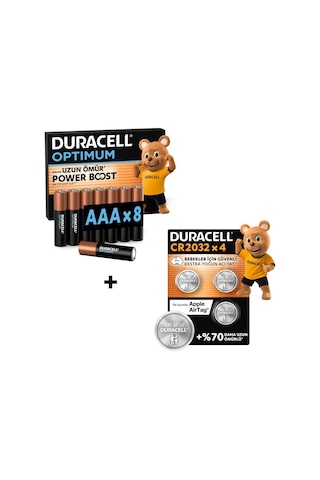 DURACELL OPTIMUM AAA Alkalin İnce Kalem Pil (8'li Paket) & CR 2032 Lityum Düğme Pil (4'lü Paket)