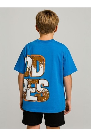 Marions Erkek Çocuk Good Vibes Yazılı Oversize Tshirt-16017 Mavi