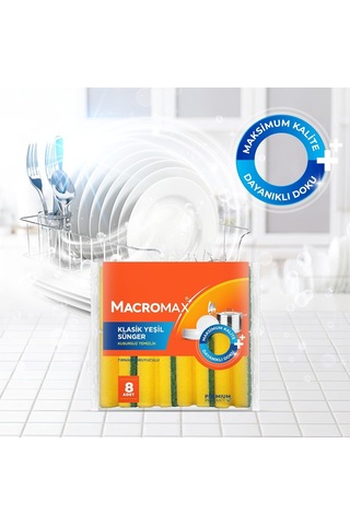 Macro Max Tırnak Koruyuculu Bulaşık Süngeri 8'li Paket Ergonomik Yeşil Klasik Sünger