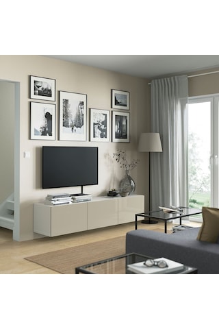Tv Sehpası, Beyaz-parlak Cila-bej, 180x42x38 Cm, Selsvıken Beyaz