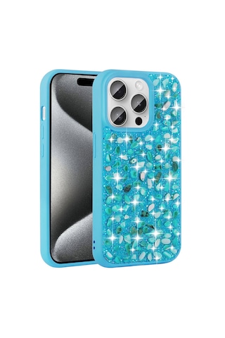 Goocamp Apple Uyumlu iPhone 15 Pro Max Kılıf Parlak Taşlı Tasarım Linea Kapak - Mavi Açık Mavi Açık