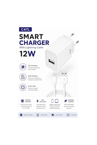 C47l Smart Charger 12w Usb To Lightning Kablolu Hızlı Şarj Aleti Fast Charging Smart Chip Safe Charging Usb Adaptör Ve İos Uyumlu Şarj Kablosu