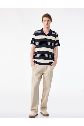 Koton Regular Fit Polo Yaka Çizgili Kısa Kollu Triko Tişört Ekru Çizgili 6sam70045ht