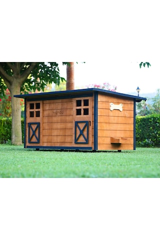 MANDU Ahşap İkiz Köpek Kulübesi (2 yuva tek kulübe) + İsimlik ve