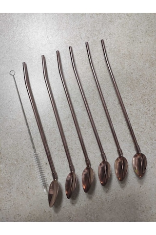6'lı Paslanmaz Krom Pipetli Kokteyl Bar Kaşığı Ve Temizleme Fırçası, Pipetli Latte Kaşığı 22 Cm - Bronzkahve
