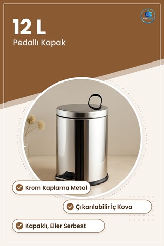 Pedallı Çöp Kovası 12 L Krom Metal 24.5 X 35.5 Cm Kapaklı Mutfak