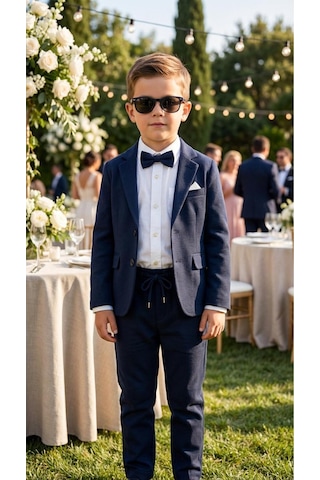 Baby Kids Colors Erkek Çocuk Flamlı Keten Salaş Ceketli Takım Elbise / Gömlek Pantolon Ceket Papyon Keten Takım Lacivert