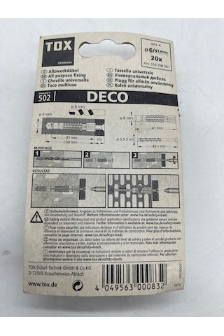 Tox Deco Plastik Dübel 6X41 Mm 20 Adet