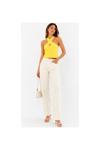 Onno Style Women Kolsuz Askılı Çapraz Yaka Triko Kadın Bluz Sarı