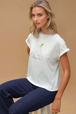 Hiccup Baskı Detaylı Regular Fit Bisiklet Yakalı %100 Pamuklu T-shirt Beyaz