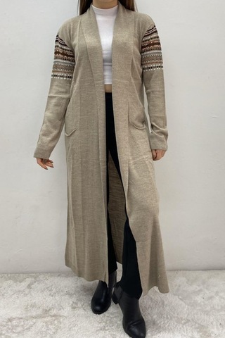 Onno Style Women Kilim Desen Uzun Ceket Bej