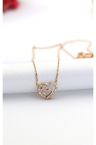 Çift Kalpler Rose Gold Minimal Gümüş Kolye-Rose Gold