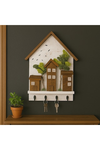 Ahşap Ev Temalı Duvar Askılığı 25x36 Cm 4 Kancalı Anahtarlık , El Yapımı Dekoratif Askı Beyaz