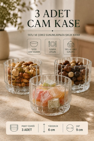 3 Adet Modern Çizgili Yuvarlak Borosilikat Cam Kase Seti Tatlı Çerez Meze Kahvaltılık Sunum Kasesi 400 Ml Şeffaf