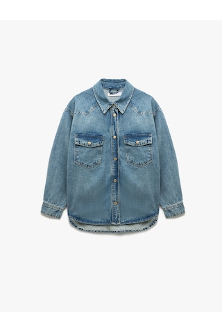 Koton Uzun Kollu Klasik Yaka Cep Detaylı Düğmeli Pamuklu Oversize Denim Gömlek Orta İndigo 5sal60017md Indigo