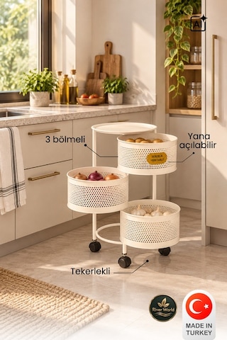River World Tekerlekli Rengi Krem Açılabilen 3 Katlı Çok Amaçlı Metal Raf Mutfak, Balkon, Kiler Çok Renkli