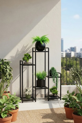 6 Raflı Siyah Metal Çiçeklik & Saksılık - Modern Dekoratif Balkon Ve Salon Bitki Standı
