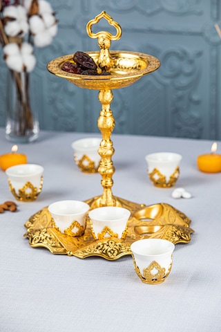 Hurmalıklı Tutaç Takımlı 6 Kişilik Zemzem,mırra Takımı Altın Renk