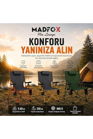 Madfox Flexlounge 3x Katlanabilir Kamp Sandalyesi Steel Moss Yeşil
