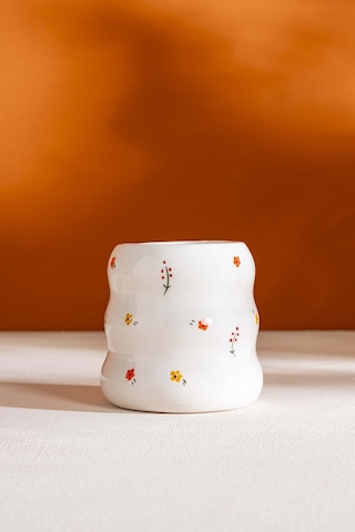 Rivaistanbul Minimal Çiçekler Amore El Yapımı Seramik Double Kahve Bardağı Mug Kupa Krem