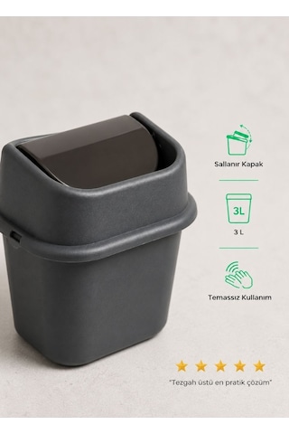 Çöp Yut Tezgah Üstü Çöp Kovası 3 L - Antrasit Mutfak Banyo Sallanır Kapak Mini Çöp Kutusu