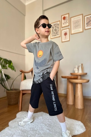 Kartal Desenli Gri Renk Erkek Çocuk Şortlu Takım Gri