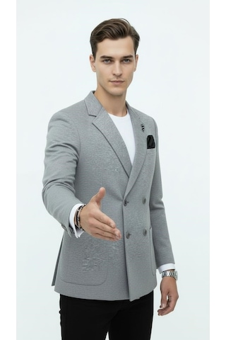 Plus Scorpion Erkek Penye Kumaş Kruvaze Blazer Ceket 4 Düğmeli Mono Yaka, Torba Cepli, Çift Yırtmaçlı Şık Tasarım Gri