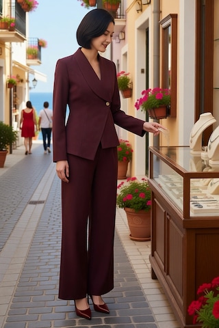 Benerly Kadın Kruvaze Kapama Ceket Pantolon Takımı Dokuma Kumaş Fitted Ke Mürdüm