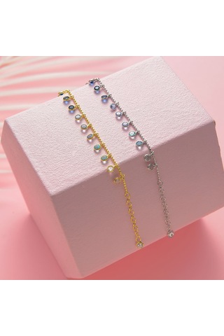 Queen Silver Jewelry 925 Ayar Gümüş Mavi Renk Geçişli Top Zincirli Bileklik Altın