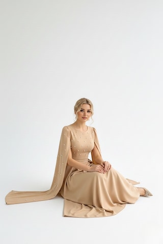 Defymoda Kadın İnci İşlemeli Şık Gece Davet Elbise Bej
