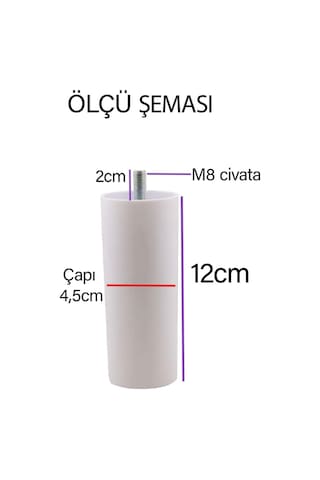 Destek Ayağı 12 Cm Beyaz Ve Metal Düz Ayak Tabanı M8 Civatalı İnce Diş Mobilya Kanepe Baza Koltuk Seti