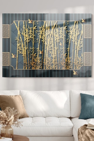 Gold Detaylı Ağaç Dalları Ve Kuş Doğa Temalı Cam Tablo 50x70 Cm