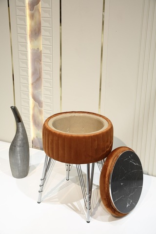 Bianco Metal Ayaklı Puflu Zigon Sehpa Krom Turuncu Chrome Orange