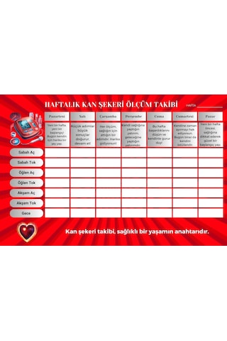 Diyabet Ölçüm Takip Çizelgesi Defteri A Kalite Özel Tasarım 3 Aylık A5 Kırmızı