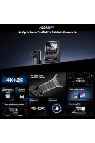 Viofo A329T 2 Kameralı Ön+Telefoto 4K 60FPS+2K Wi-Fi 6 HDR Sony STARVIS 2 Sensör GPS'li SSD Destekli Araç Kamerası