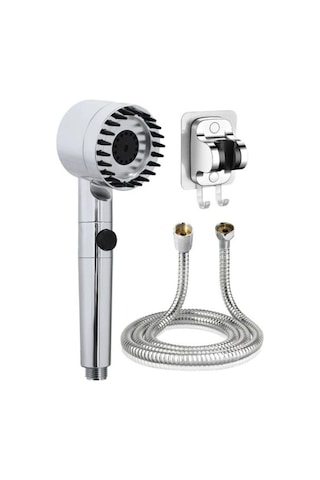 Masajlı Filtreli 3 Kademeli Krom Duş Başlığı Yapışkan Mafsallı Hortumlu Duş Seti Gri