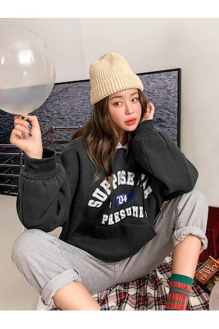 Kadın Siyah Suppose Baskılı Oversize Sweatshirt Siyah