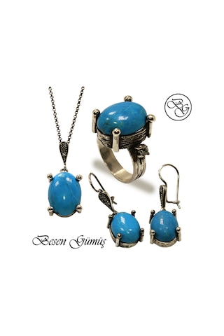 Özel Tasarım Doğal Firuze Taşlı Gümüş Set Rose Gold - Gümüş