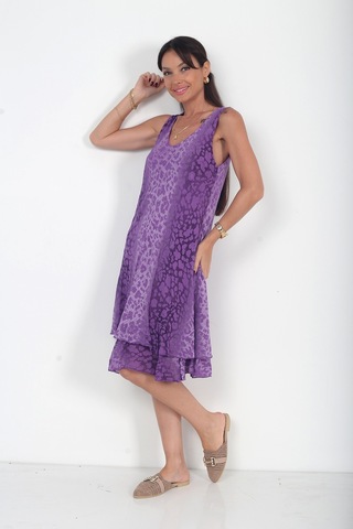 By Saygı Kadın İtalyan Cotton Leopar Desenli Astarlı Sıfır Kol Midi Elbise Mor