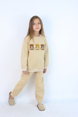 Kız Çocuk 3'lü Ayıcık Nakışlı 3 İplik Oversize Şardonlu Takım Ekru