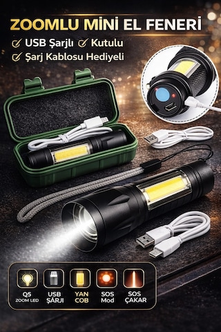 Usb Şarjlı Zoomlu Mini El Feneri Q5 Güçlü Işık Yan Cob Led Sos Mod Kutulu Şarj Kablolu Set
