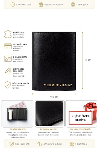 Vanilla Collection Hakiki Deri Kişiye Özel İsim Baskılı Cüzdan Kartlık Portföy Hediyelik Siyah