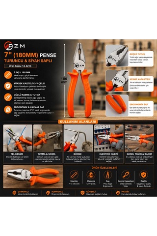 Bısso Bba-00107 Saplı 180mm 7'' Cr-v Pense Siyah Turuncu - 6'li Paket