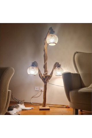 Ev Ofis İçin Uzun Ahşap Sarı Ledli 3 Ampul Lambader Aplik Abajur